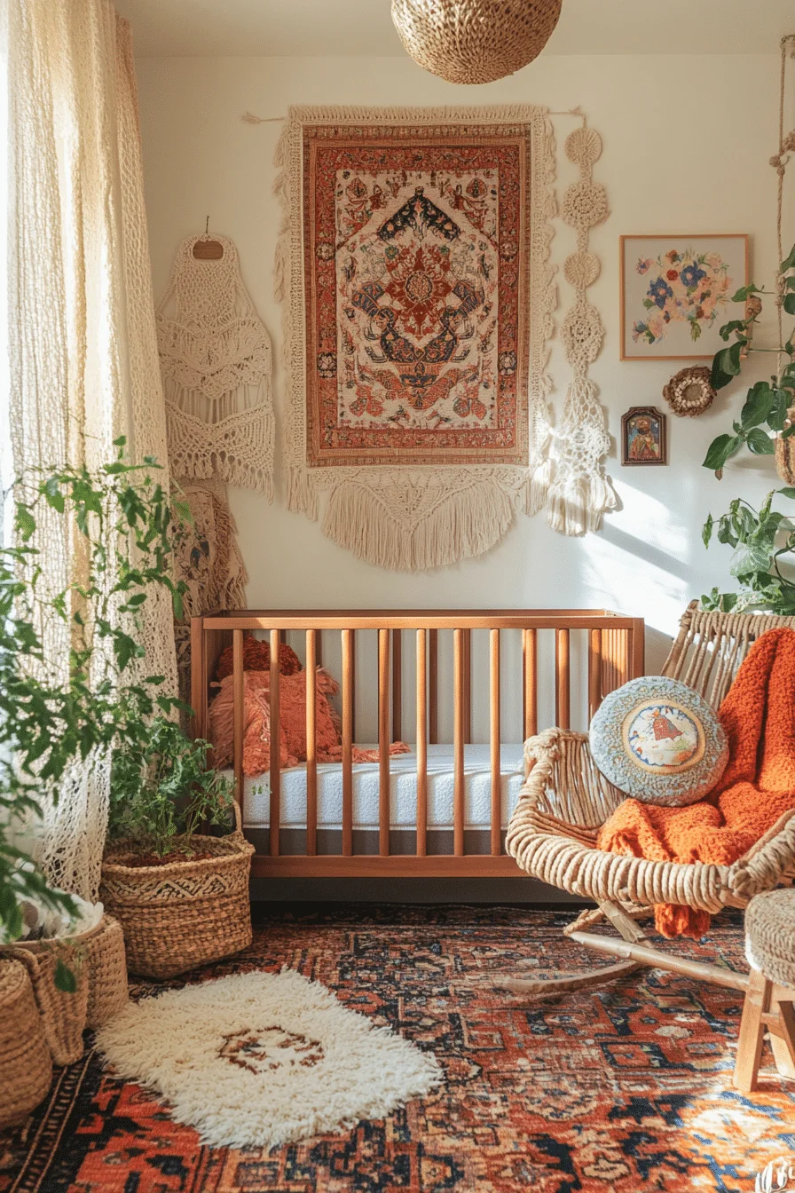 Bohemian nursery with layered textiles and colorful accents