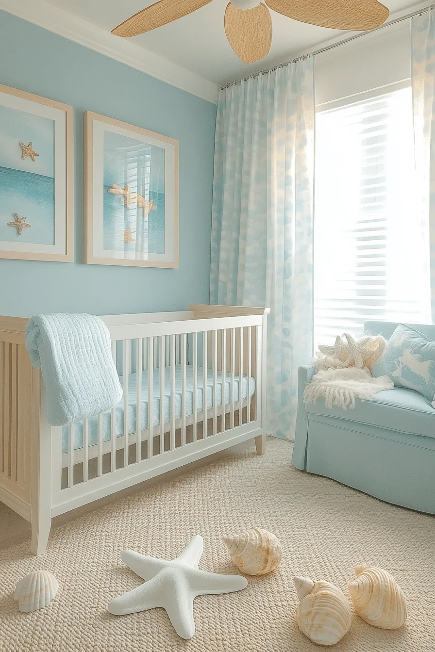 Coastal nursery with light blues and nautical decor