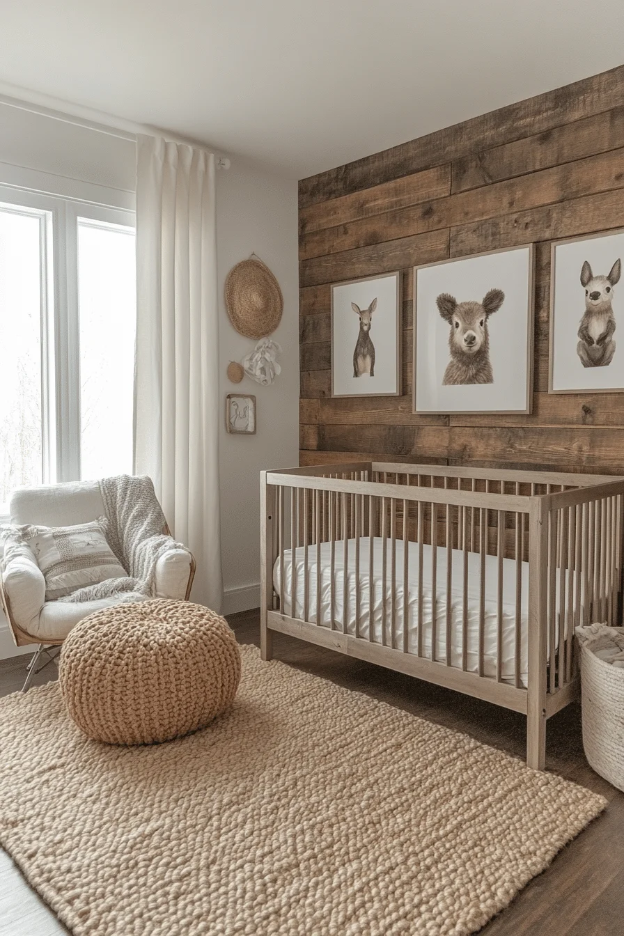 Rustic nursery with wooden beams and earthy tones