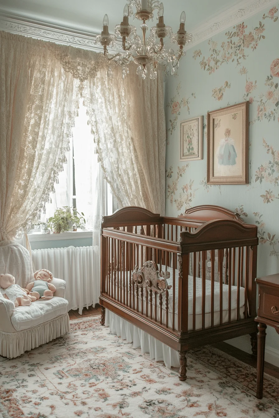 Victorian nursery with floral wallpaper and antique lighting