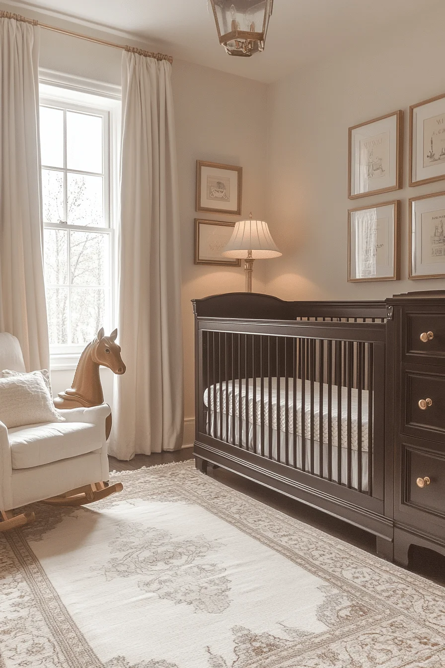 Colonial nursery with wood paneling and classic furniture