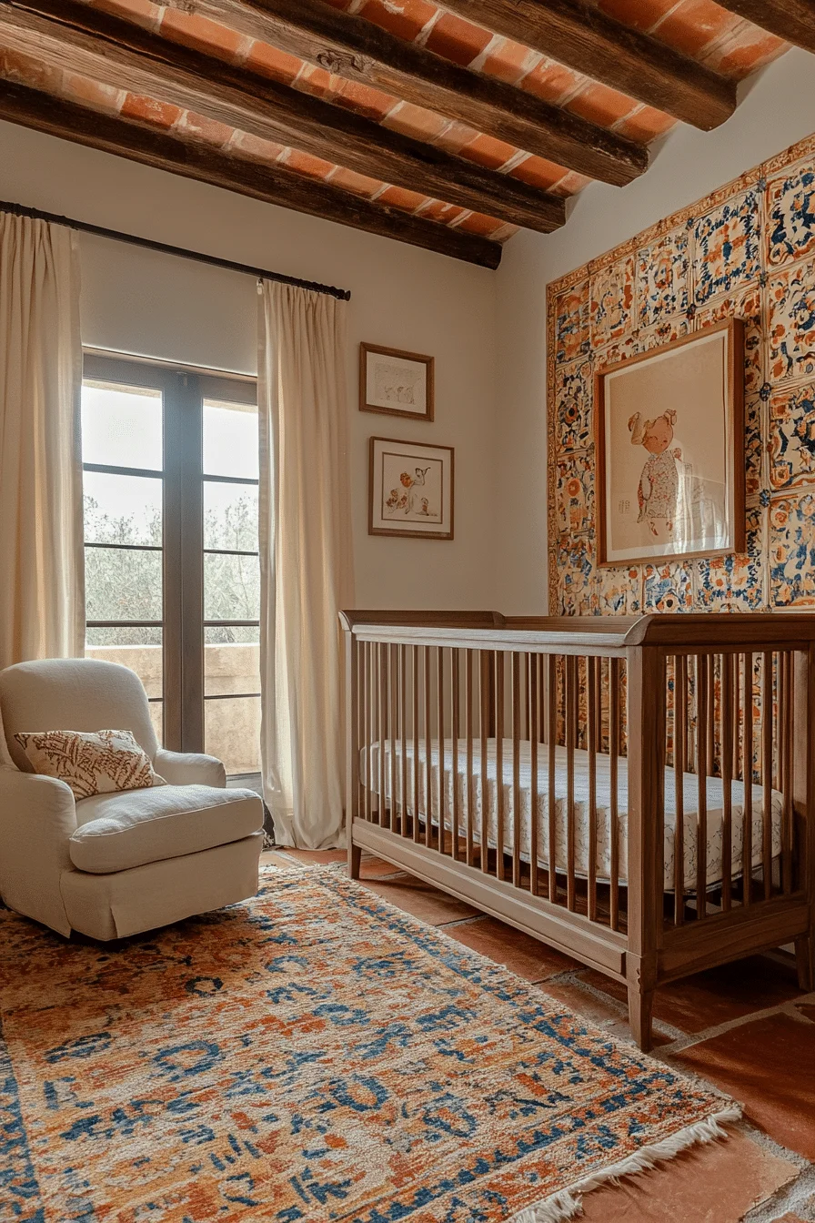 Mediterranean nursery with mosaic tiles and rustic wood