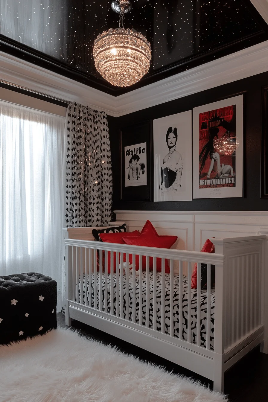 Hollywood glam nursery with monochrome colors and mirrored surfaces