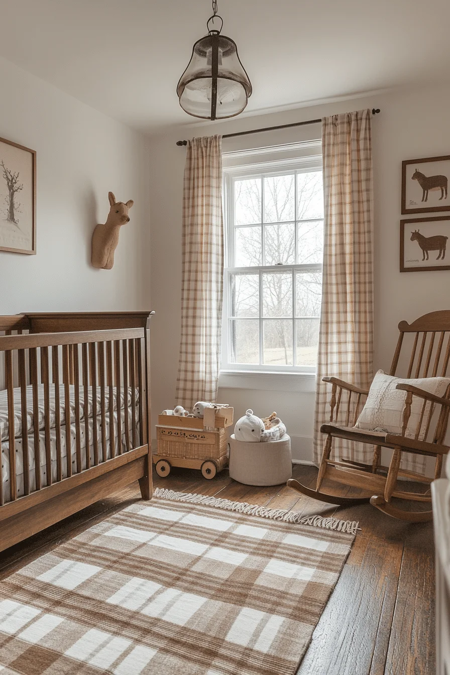 Farmhouse nursery with rustic furniture and pastel walls