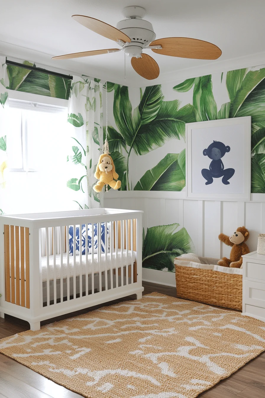 Tropical nursery with palm prints and bamboo furniture