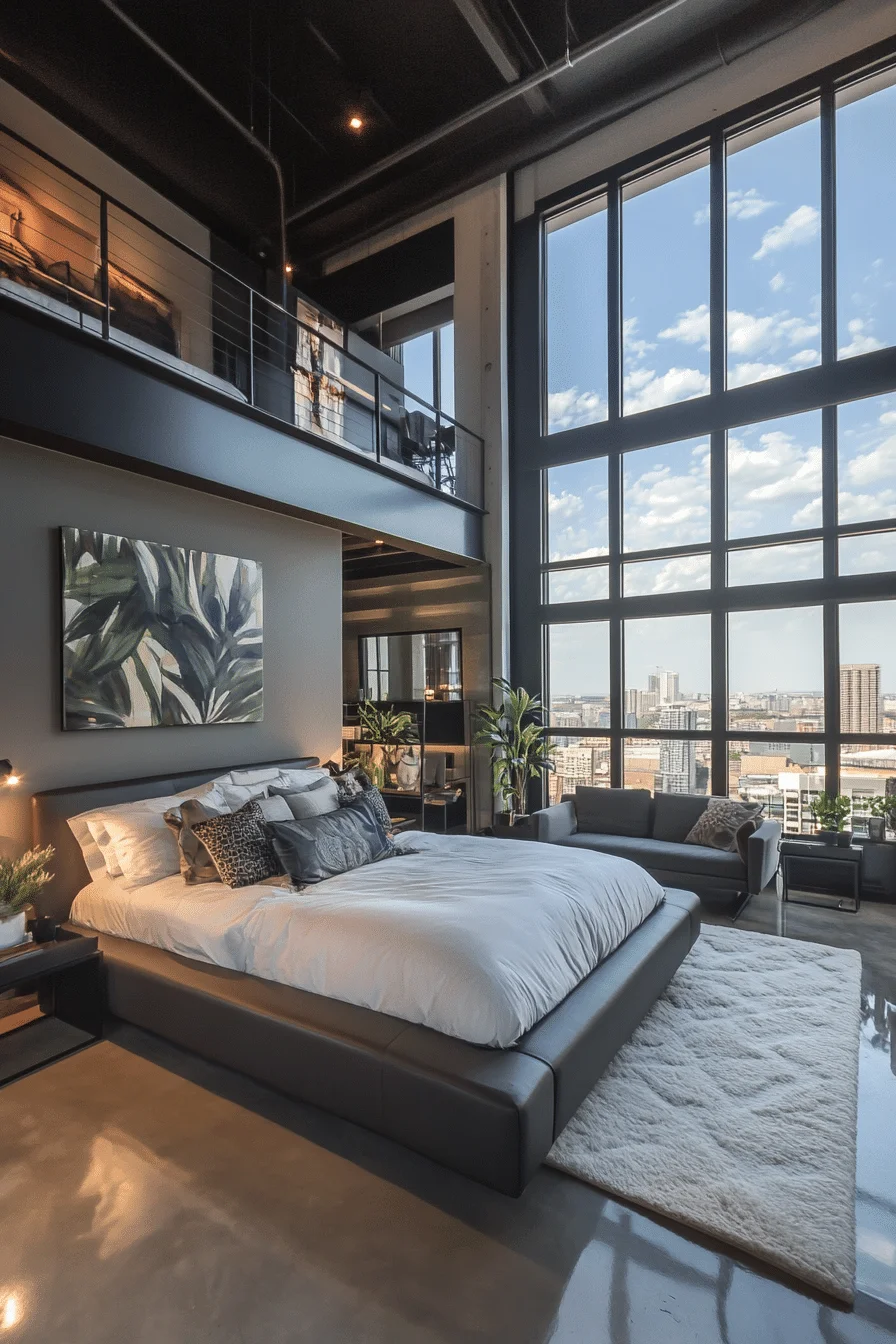 Loft-style bedroom with large windows