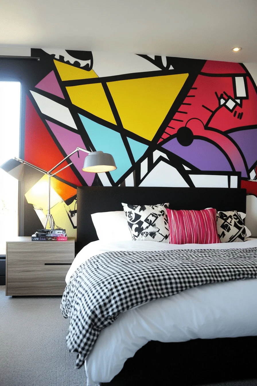 Bedroom with bold mural art