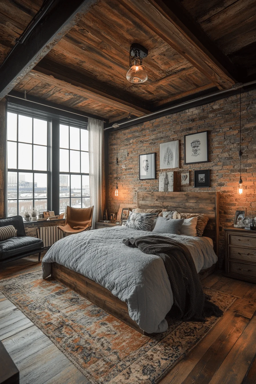 Industrial bedroom with exposed beams