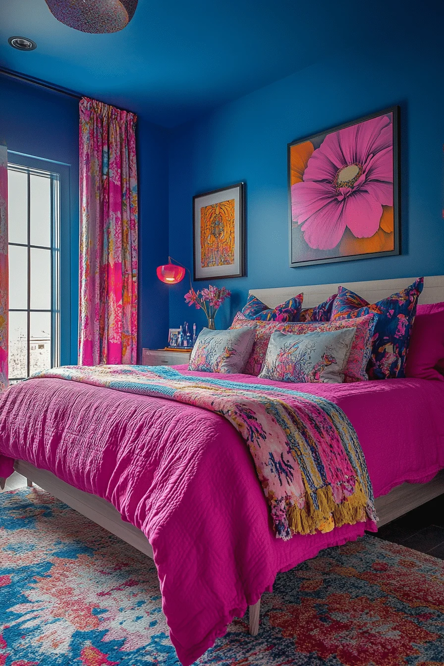 Bedroom with vibrant colors and patterns