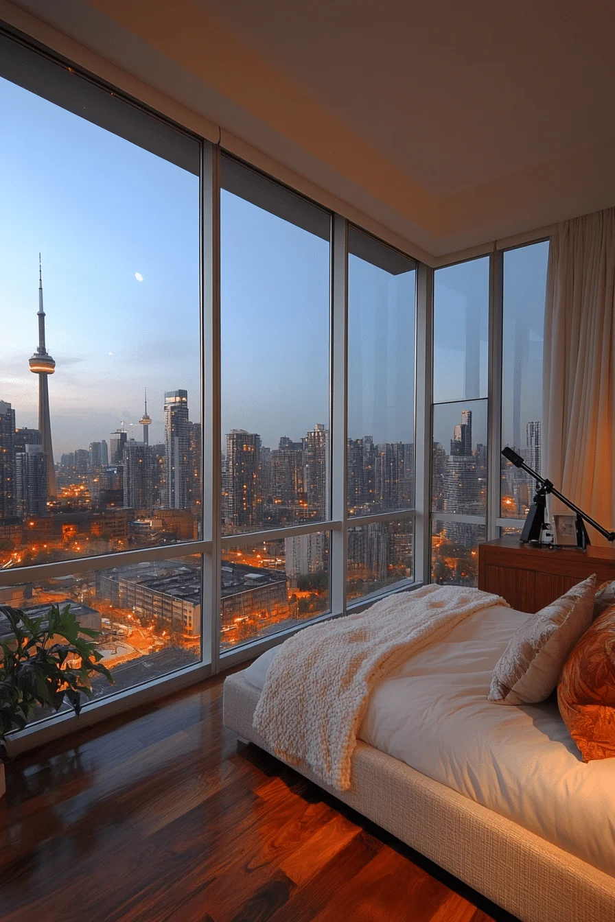 Bedroom with city skyline view