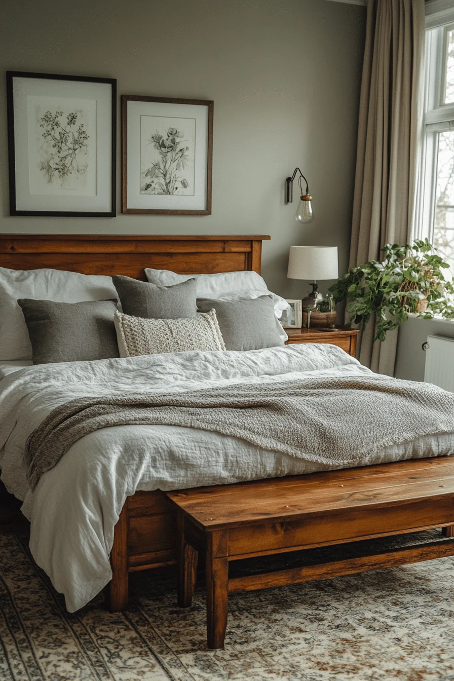Minimalist grey boho bedroom with natural accents