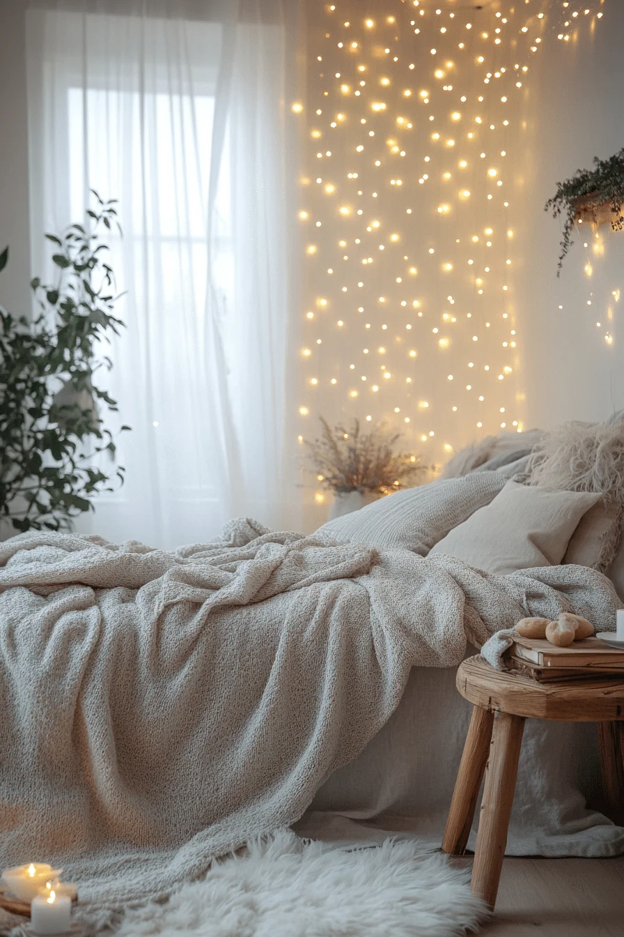 Grey boho bedroom with light fabrics and string lights