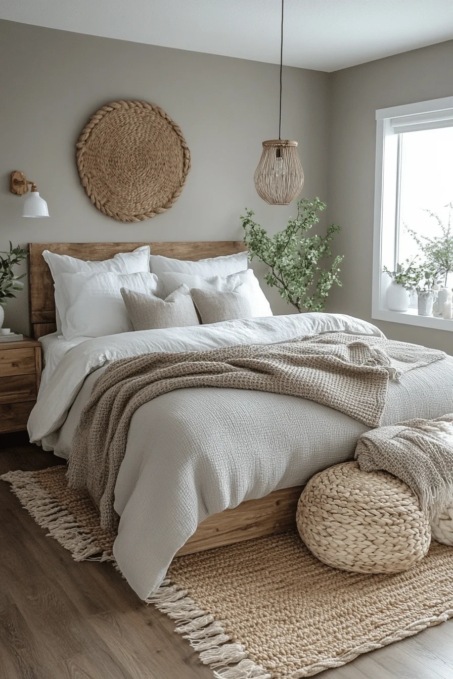 Grey boho bedroom with botanical accents