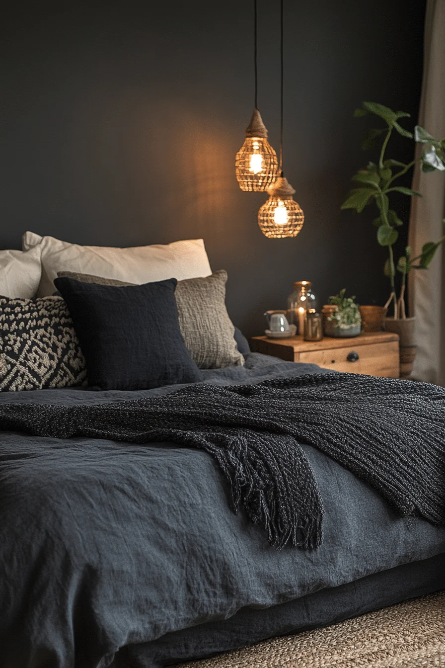 Grey boho bedroom with charcoal accents