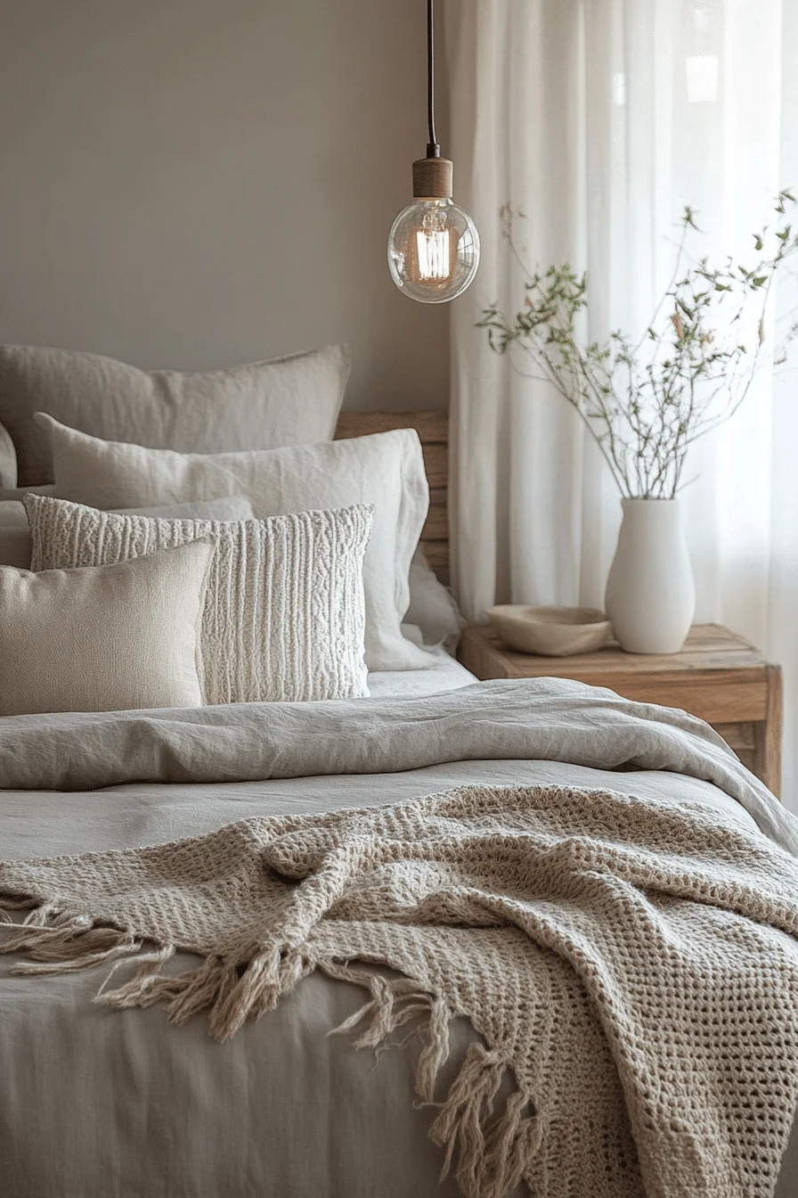 Grey boho bedroom with soft lighting