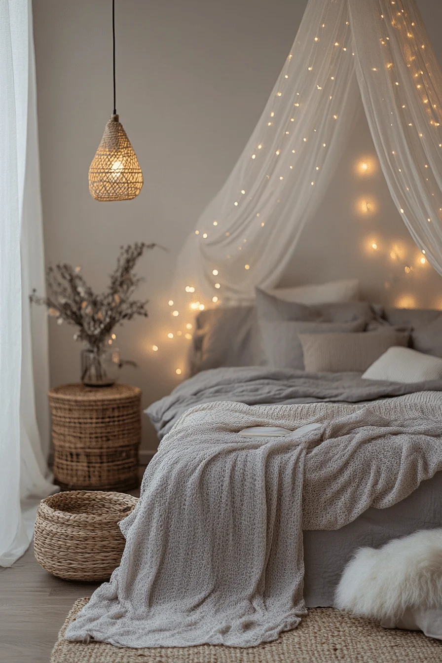 Grey boho bedroom with sheer curtains and layered bedding