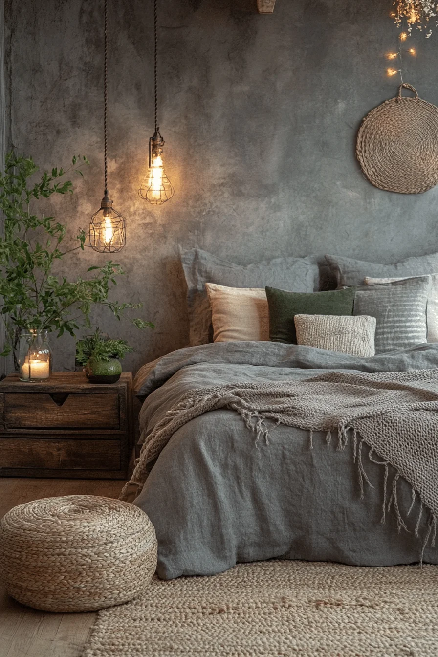 Grey boho bedroom with warm lighting