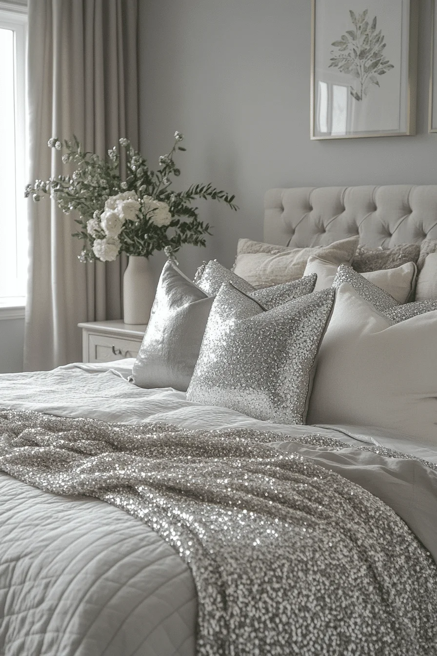 Grey boho bedroom with metallic details