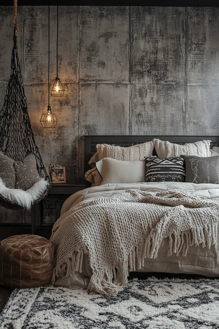 Grey boho bedroom with industrial accents