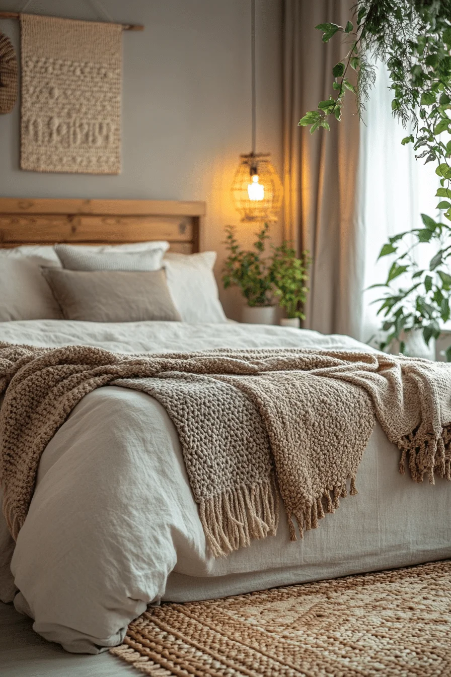Grey boho bedroom with stone textures
