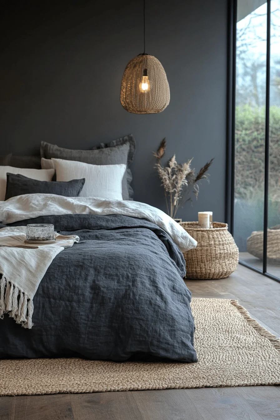 Grey boho bedroom with moody tones