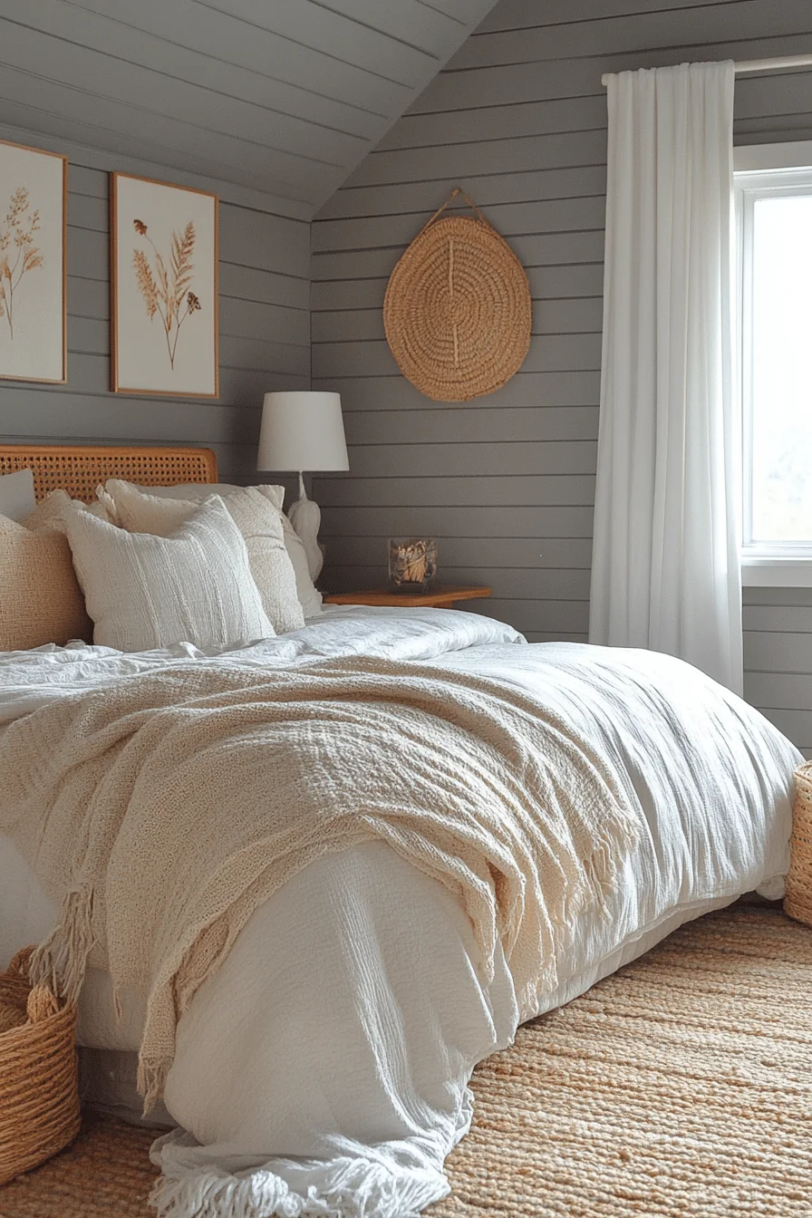 Grey boho bedroom with cozy textiles