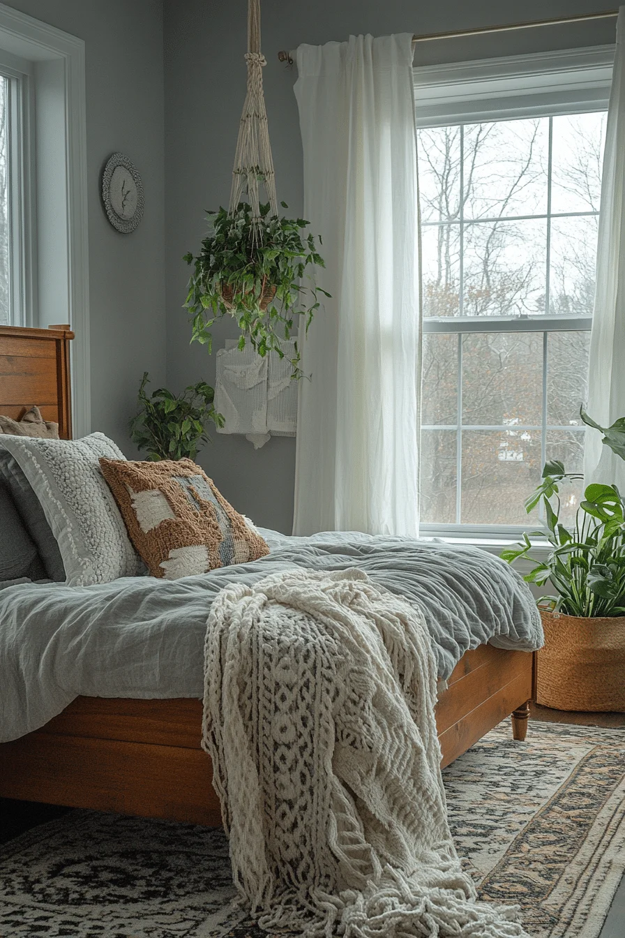 Grey boho bedroom with mountain-inspired accents