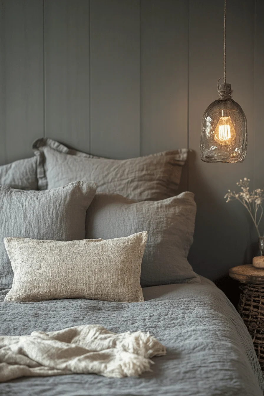 Grey boho bedroom with dramatic lighting