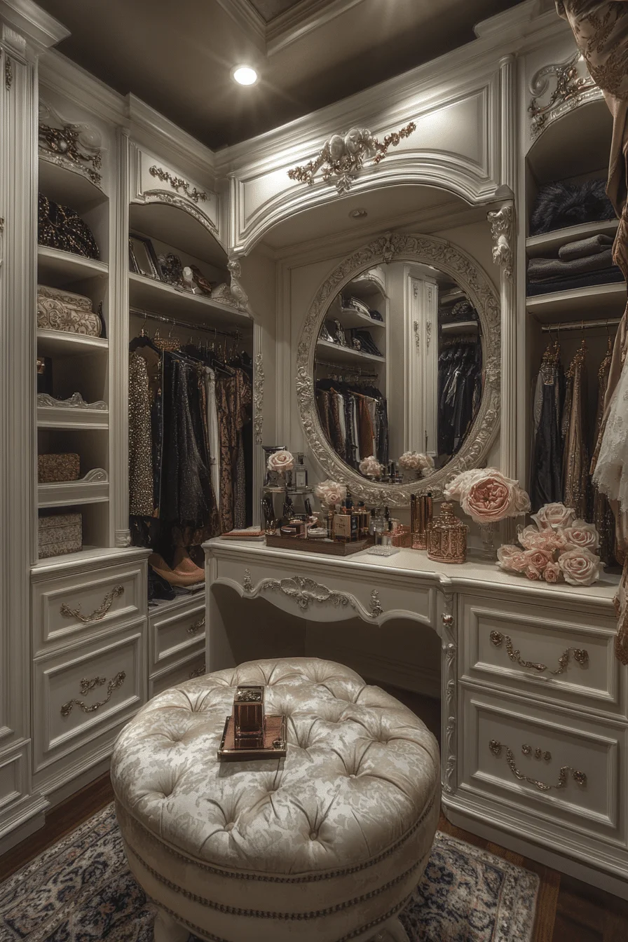 Walk-in closet with vanity and seating