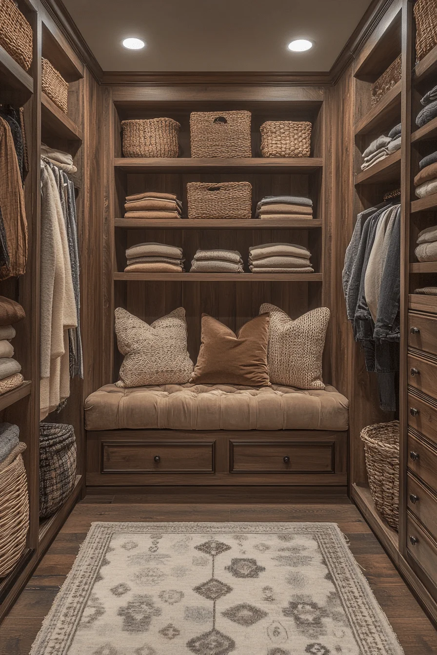 Textured wallpaper and plush seating in walk-in closet