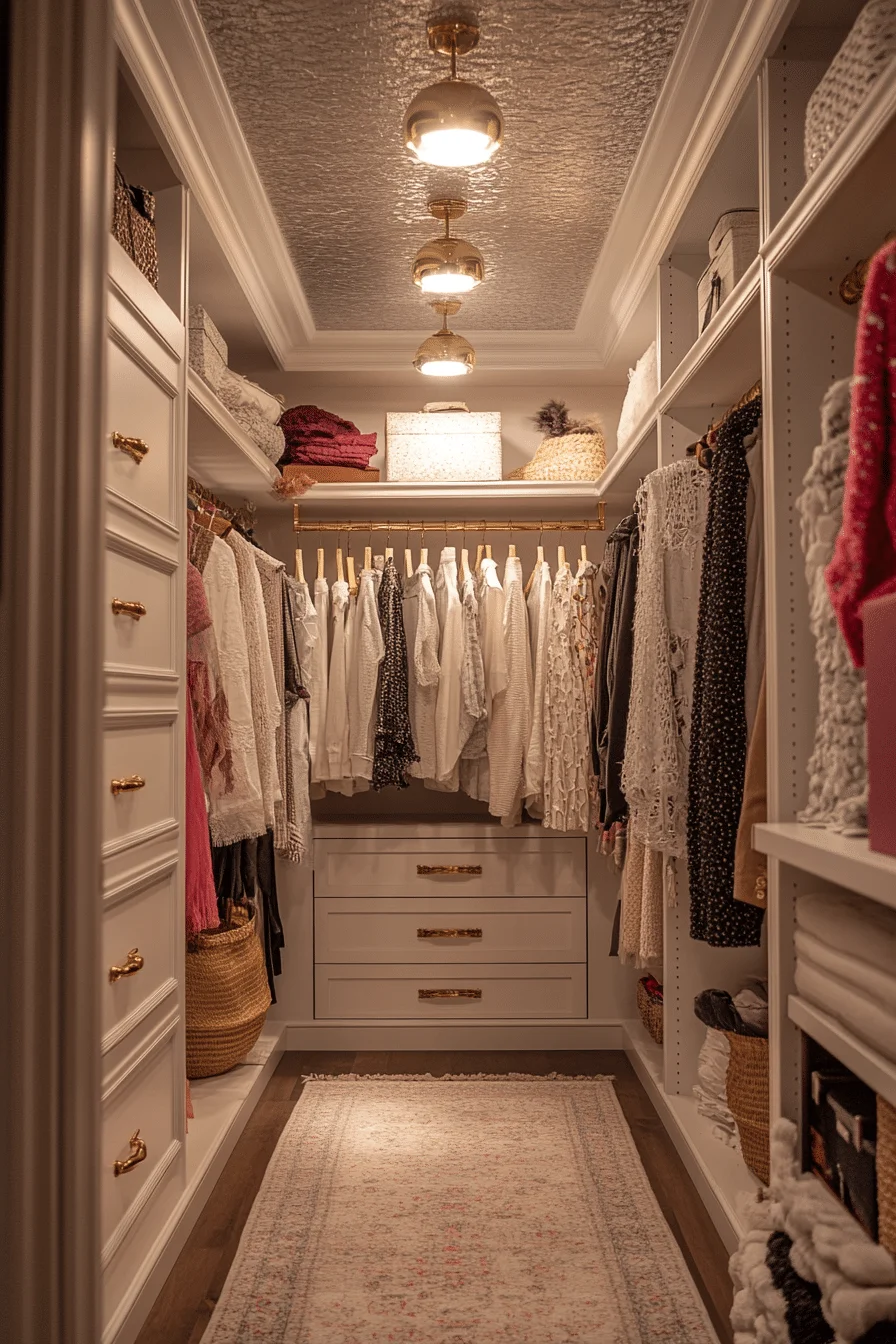 Gold hardware in walk-in closet