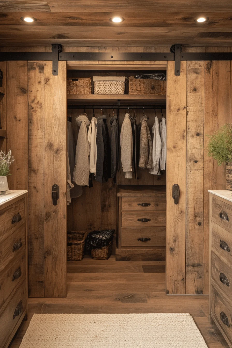 Rustic walk-in closet with reclaimed wood