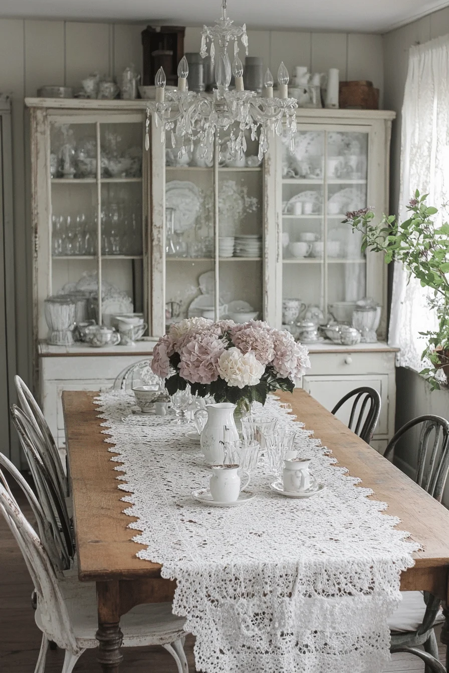 Lace accented shabby chic dining room