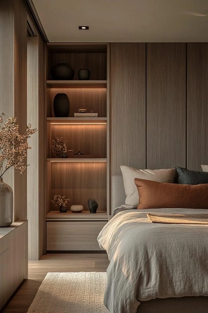 Minimalist Bedroom with Sleek Shelving