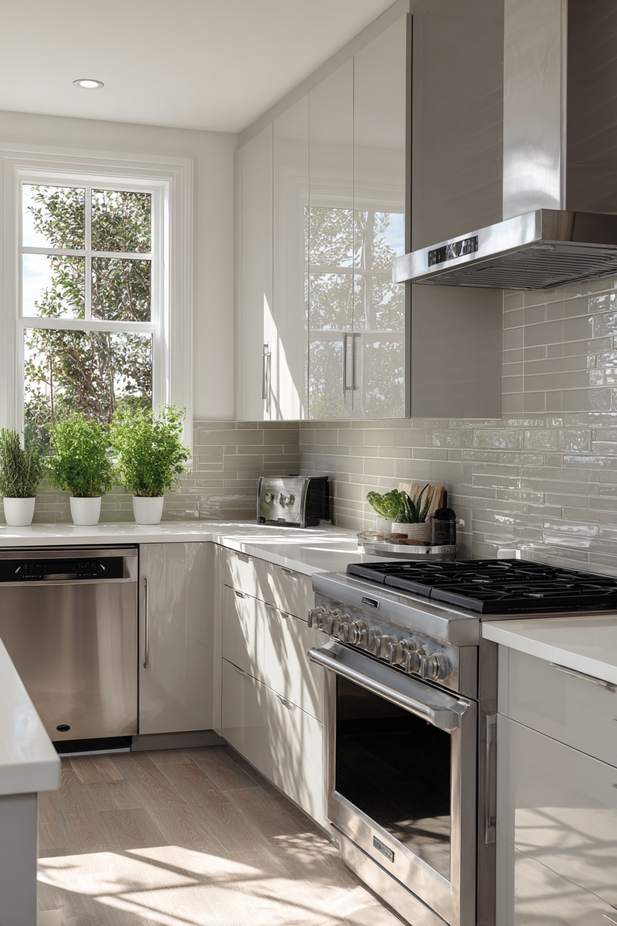 Add Warmth with Light Grey Tile Backsplash