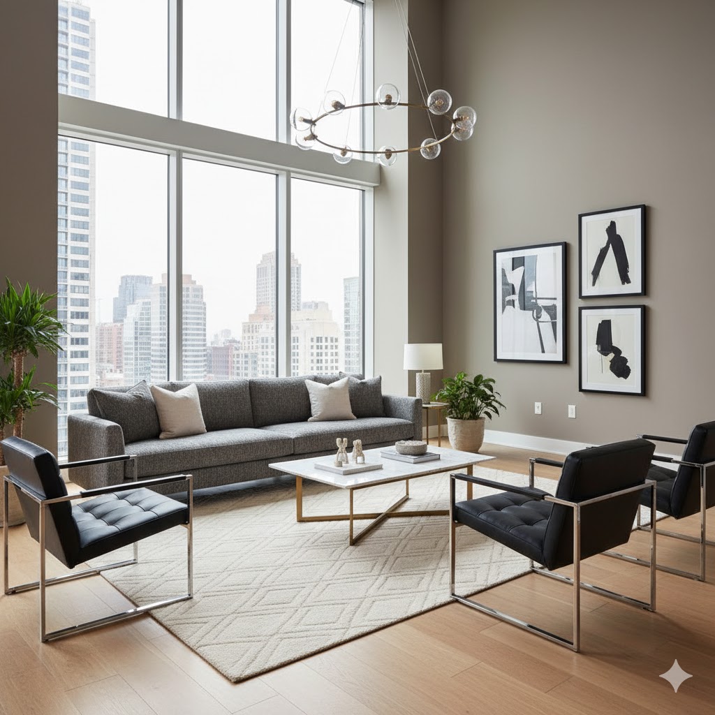 Sculptural modern furniture in elegant living room