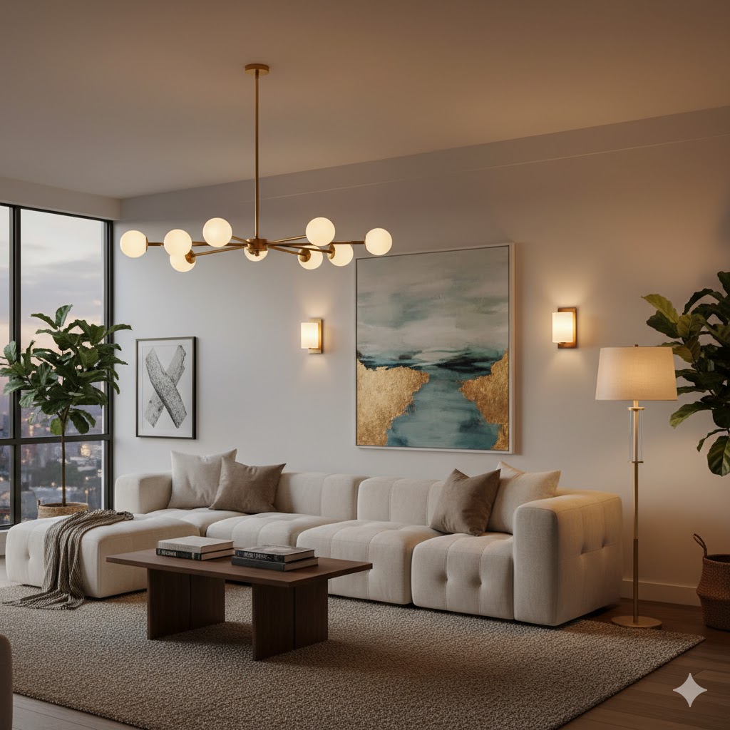 Layered lighting in elegant living room