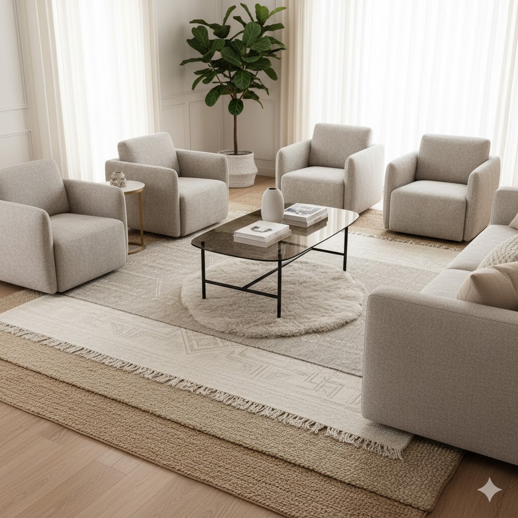 Layered rugs and textiles in living room