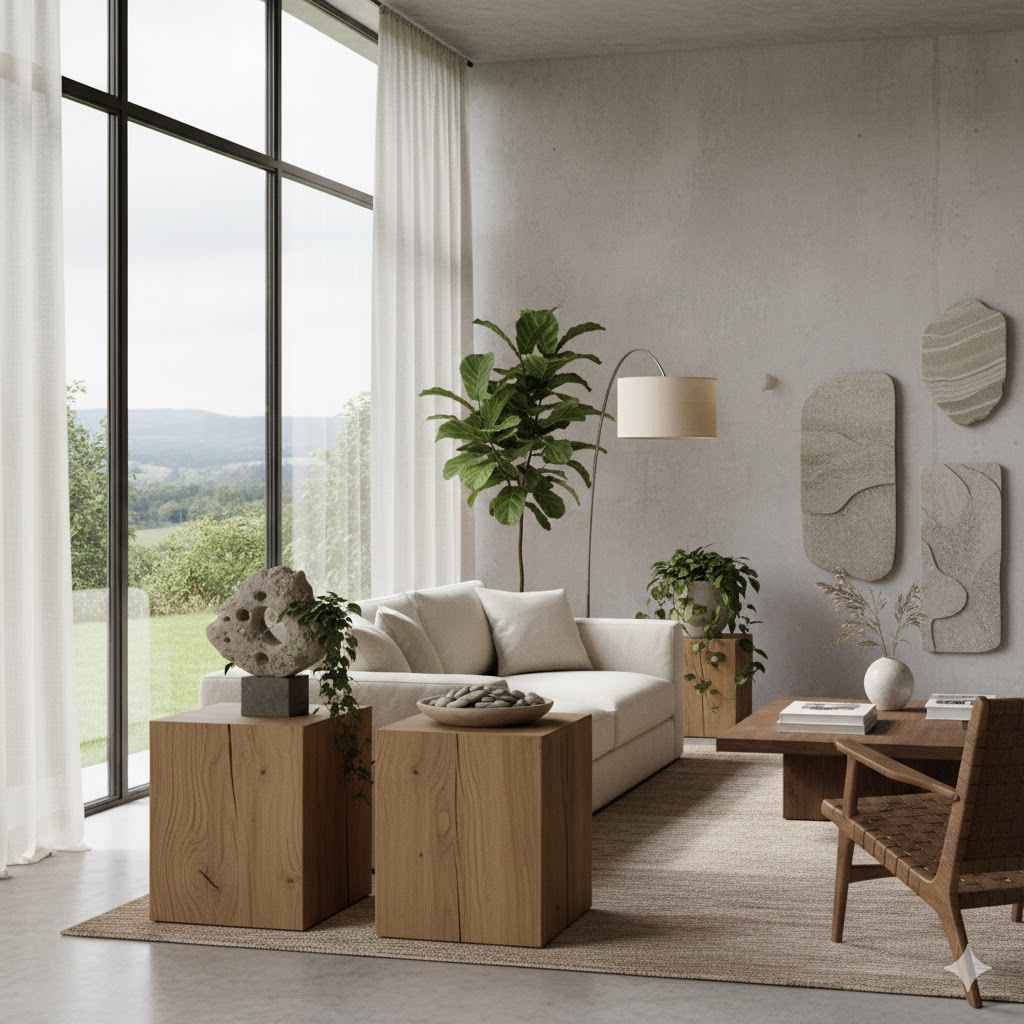 Natural elements in modern elegant living room