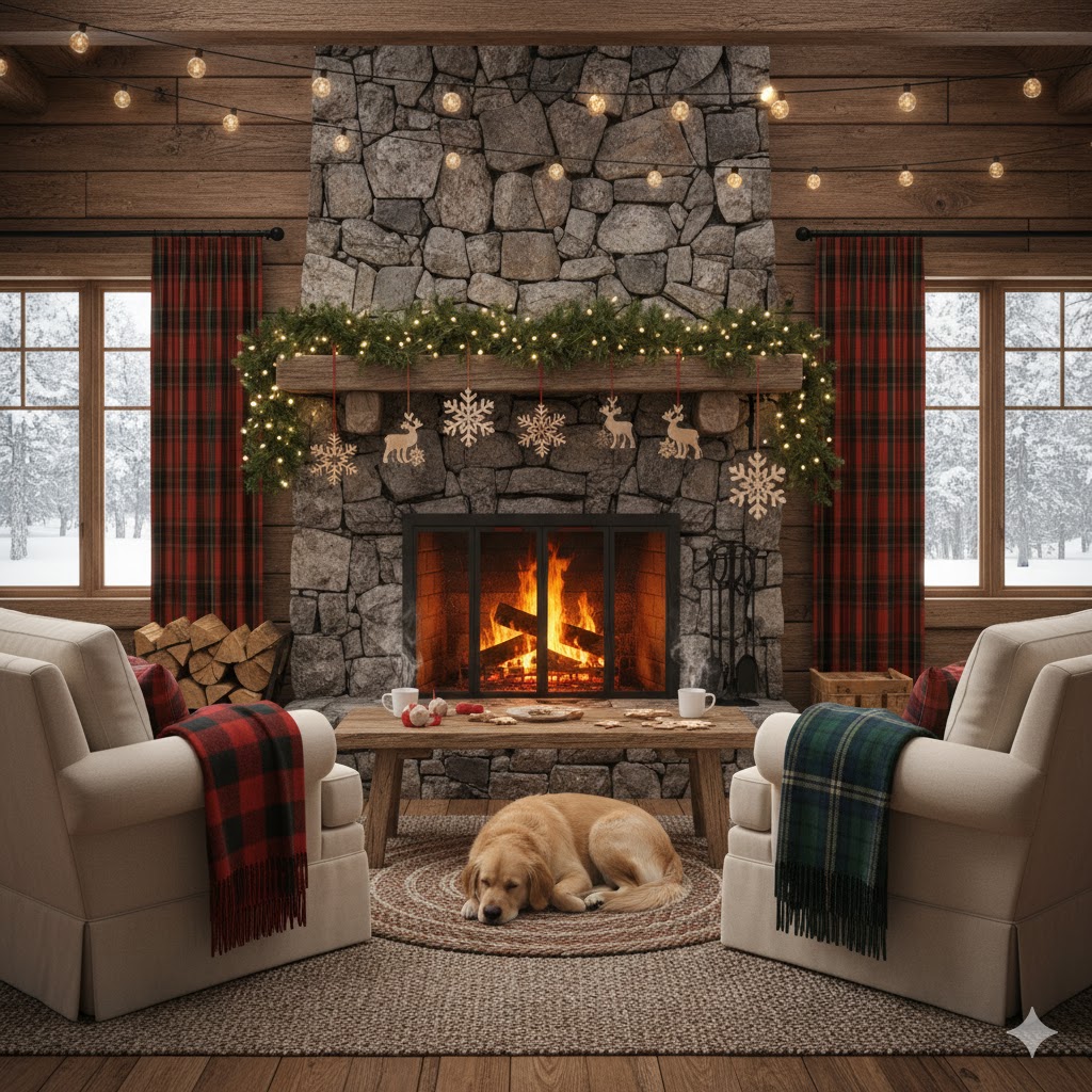 Rustic cabin style Christmas living room