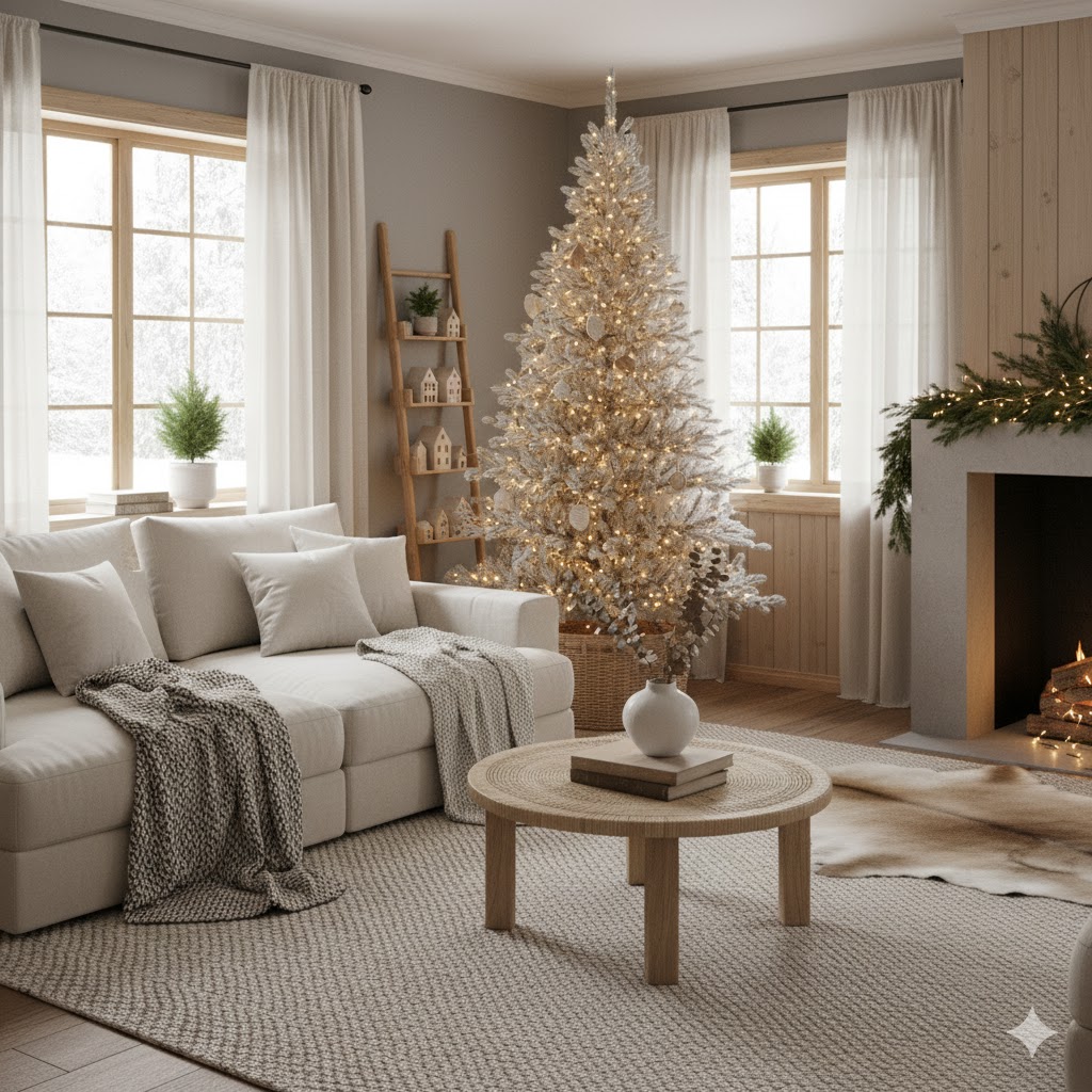 Minimalist Christmas living room with neutral tones