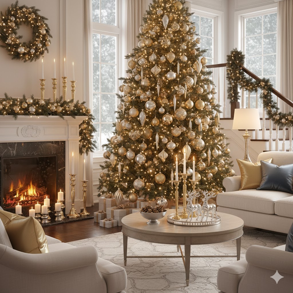 Elegant silver and gold Christmas decor