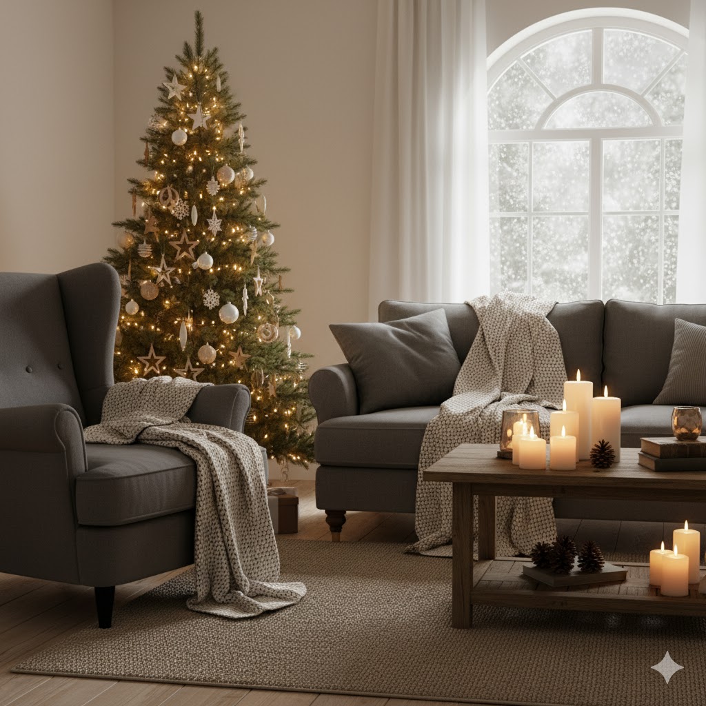Cozy knit blankets and candlelit Christmas decor