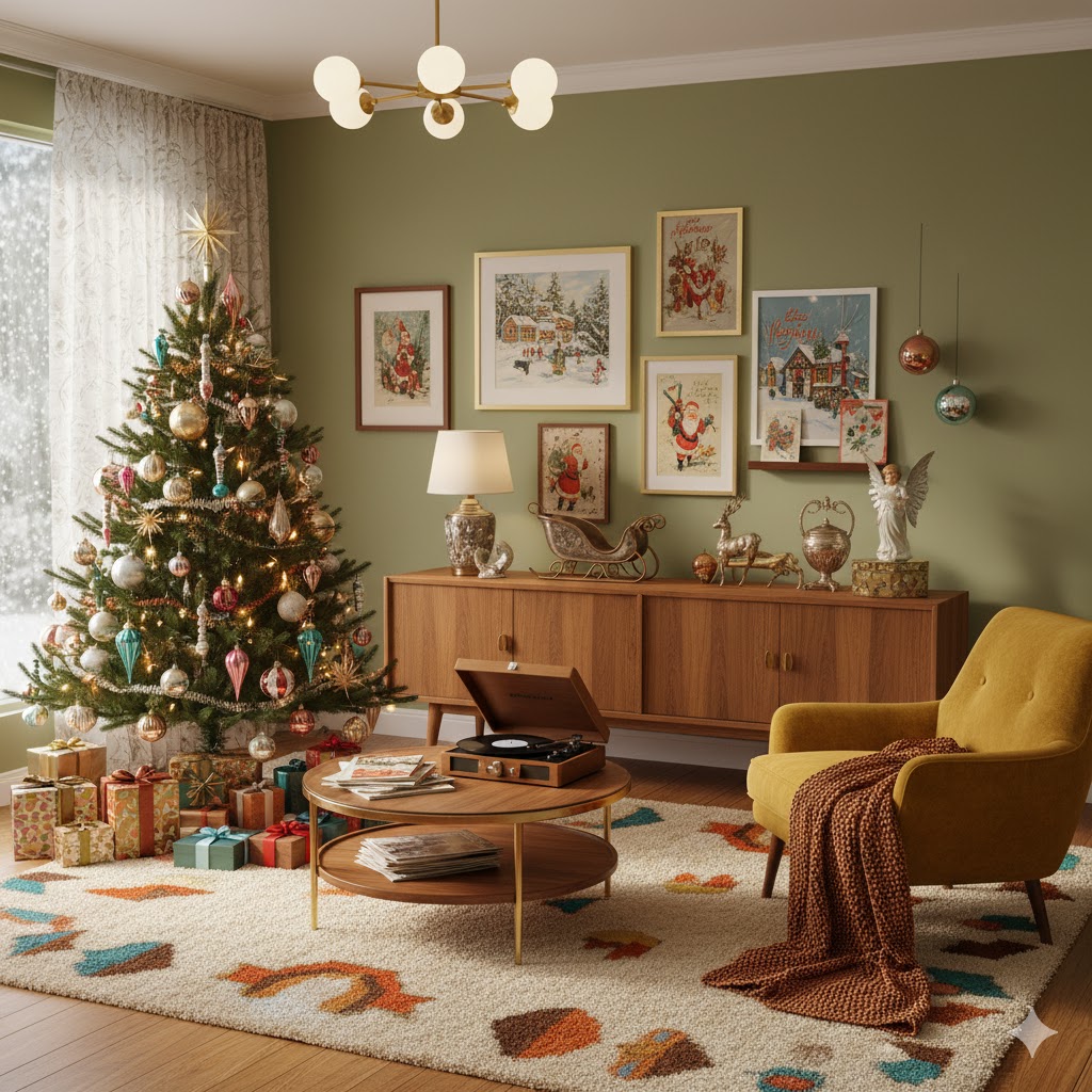 Vintage Christmas decorations in living room