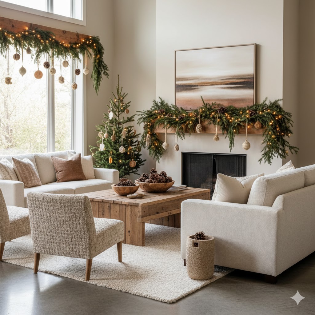 Natural woodland Christmas living room decor