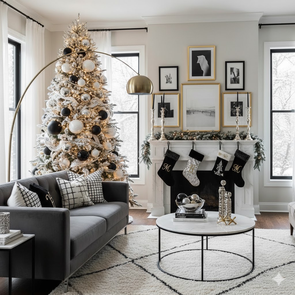 Monochrome black, white, and silver Christmas decor