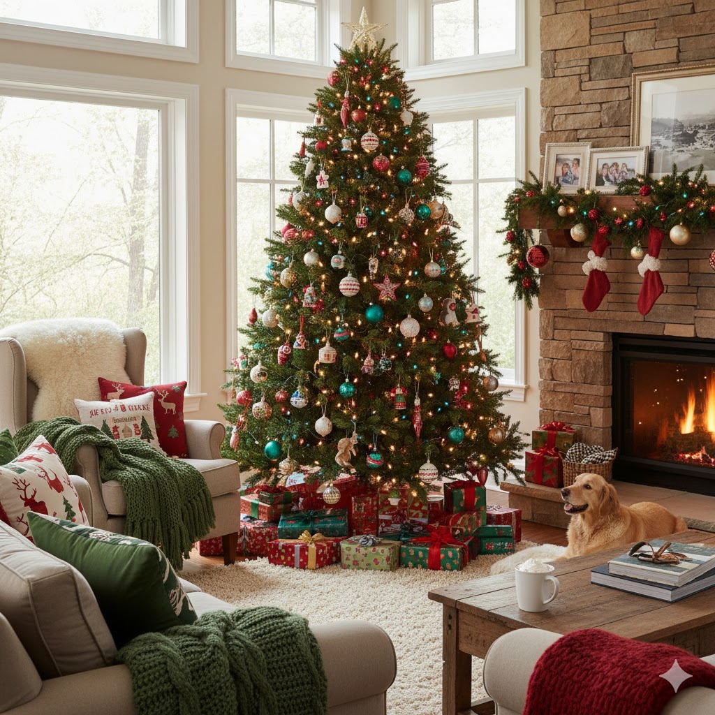 Colorful and playful Christmas living room decor