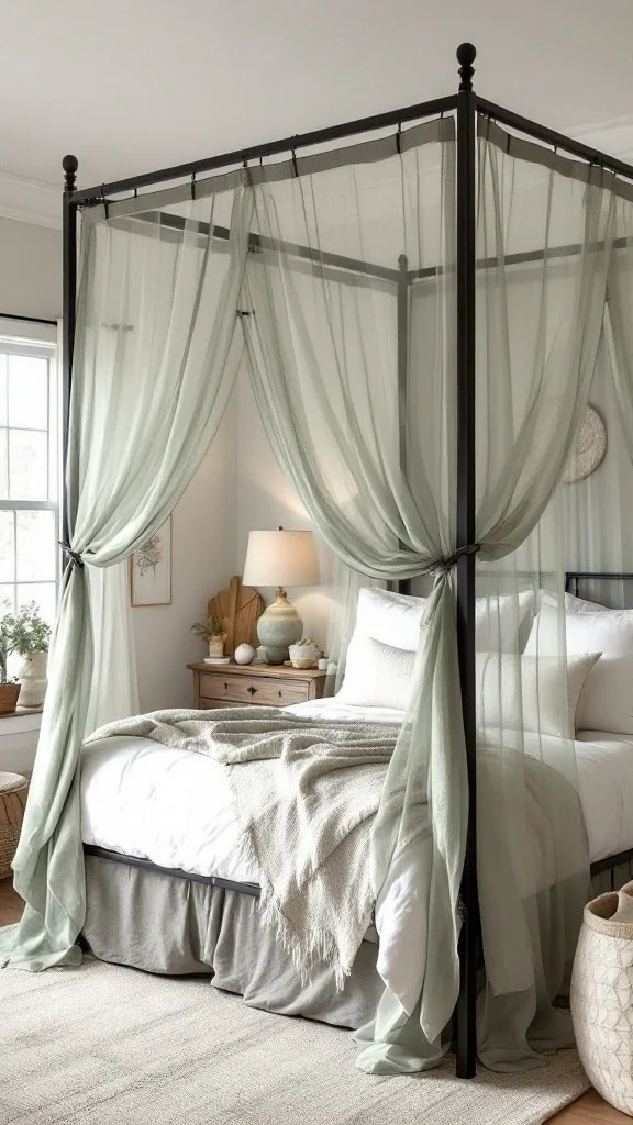 Farmhouse-Style Canopy Bed in Sage Green