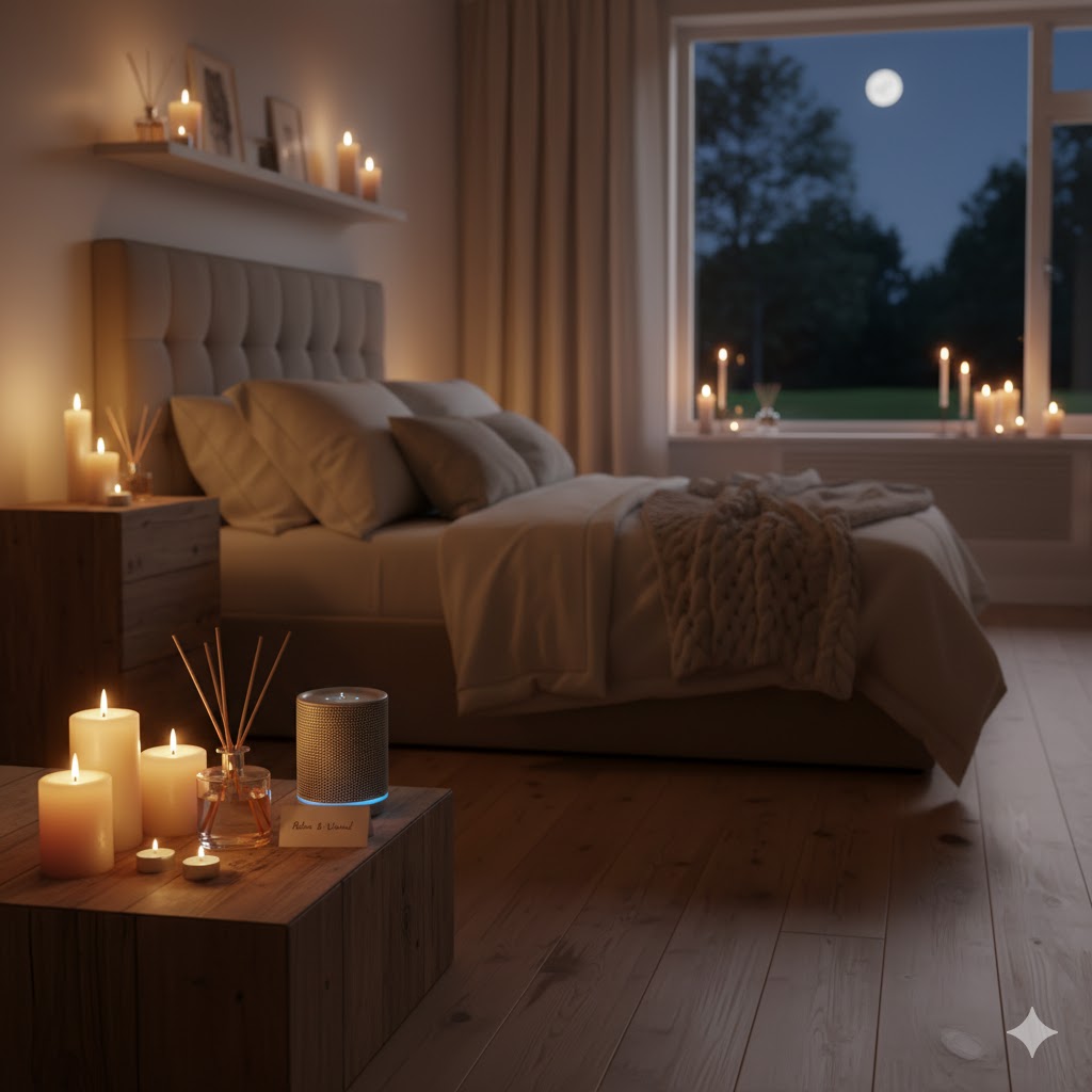 Candles and speakers enhancing room atmosphere
