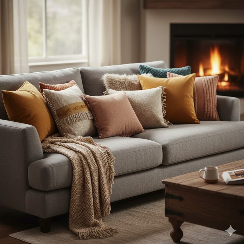 Colorful throw pillows on sofa